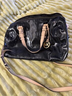 Michael Kors Black Patent Satchel with Blush Handles and Gold MK Charm